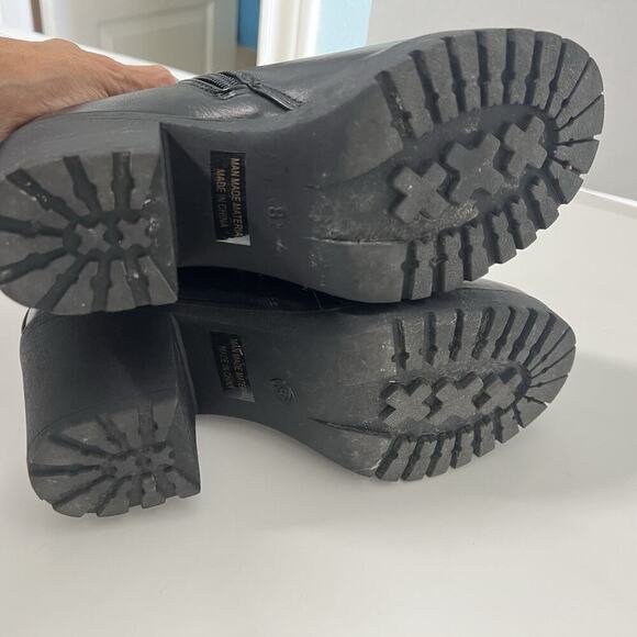 Moda Chics Black Booties Size 8 Chunky Heel Lug Sole Biker Fleece Lined - Picture 11 of 13